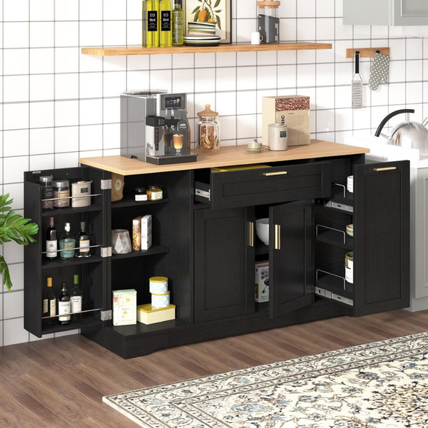 English Elm Trexm Multifunctional Sideboard with Pull Out Bottle Rack Adjustable Shelves Kitchen Storage Black XW000026AAB