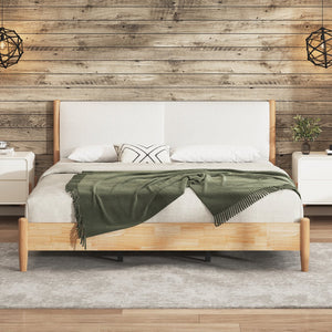 English Elm Christopher Knight Home® - King Natural Wood Bed Frame with White Upholstered Headboard, Modern Minimalist, Solid Slat Support 800lb Capacity N758K670203N
