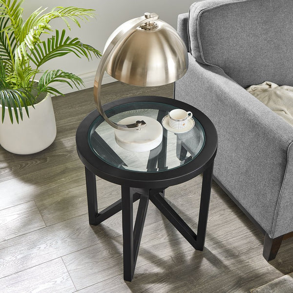 English Elm Modern Round Glass Coffee Table With Solid Wood Base - Stylish Minimalist Design For Every Space W487P317844