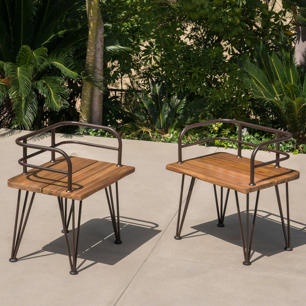 English Elm Christopher Knight Home® - ZION Teak Acacia Wood & Iron Chairs Set of 2 — Rustic Industrial Patio Dining Seats, Sturdy Low Backs 60391.00