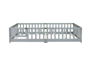 English Elm Queen Floor Bed with Safety Fence and Guardrails, Rubberwood Low Profile Platform for Kids Grey W504P286386