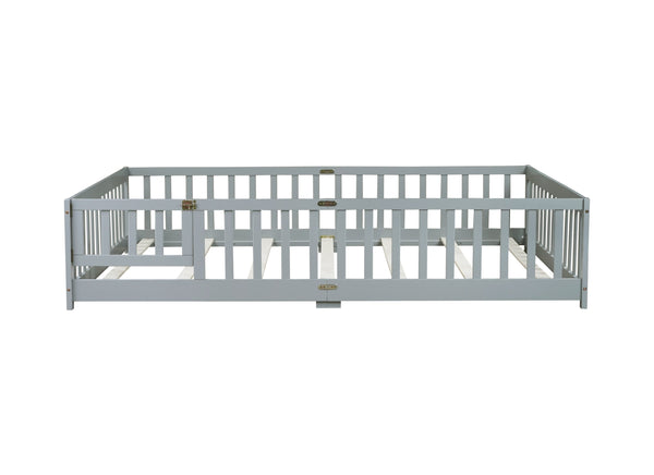 English Elm Queen Floor Bed with Safety Fence and Guardrails, Rubberwood Low Profile Platform for Kids Grey W504P286386