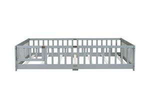 English Elm Queen Rubber Wood Floor Bed with Full Perimeter Safety Fence and Hinged Access Door Grey W504P429339