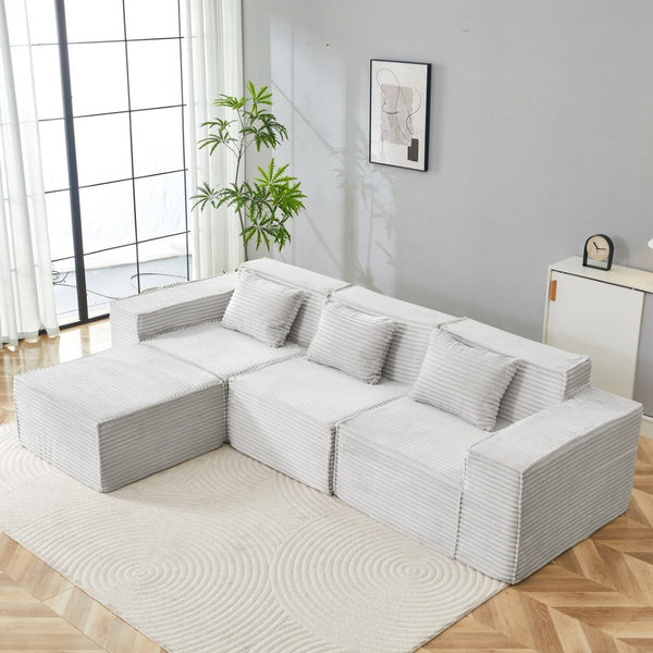 English Elm L-shaped Corduroy Sectional with Ottoman Three Seat Modular Sofa for Modern Living Light Gray W2699S00081