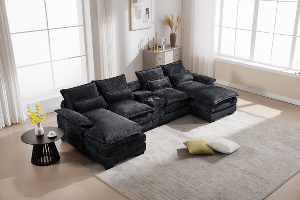 English Elm Modern U-Shaped Sectional Sofa With Console, Usb Ports & Cupholders – Luxurious 6-Seat Sleeper Couch W2100S00170