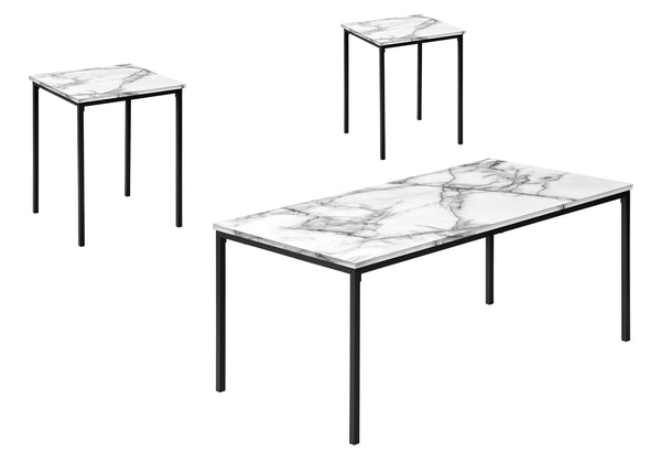 English Elm Table 3-Piece Set White Marble Look Laminate Tops with Black Metal Frame – Modern Durable Living Room Tables B2710P219972