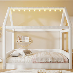 English Elm Full Size Upholstered House Daybed With Led Lighting, Cozy Beige Corduroy For Kids & Guests N7500001335A