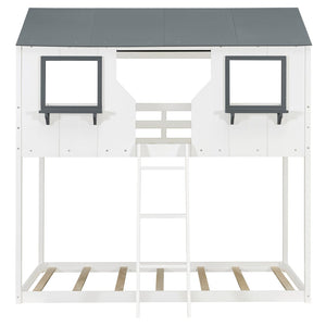 English Elm Twin Over Playhouse Bunk Bed Solid Pine Frame with Roof Windows Guardrail LT100045AAK-1