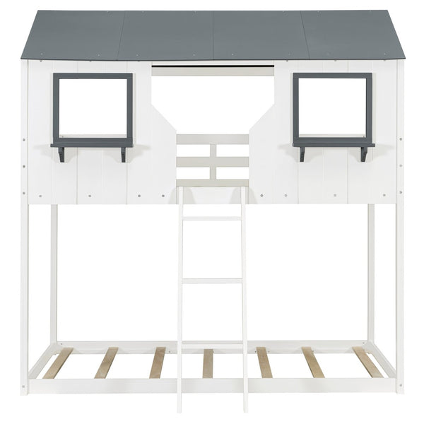English Elm Twin Over Playhouse Bunk Bed Solid Pine Frame with Roof Windows Guardrail LT100045AAK-1