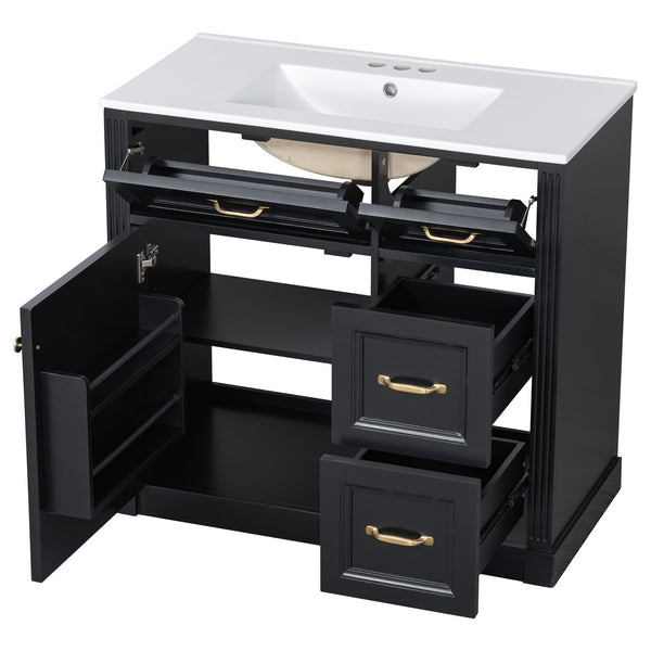 English Elm 36 Inch Bathroom Vanity With Sink & Soft-Close Drawers - Modern Black Cabinet For Smart Storage N725P336549B