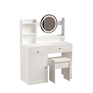 English Elm Fashion Vanity Desk With Adjustable Led Mirror & Cushioned Chair - Elegant, Organized, White Set W2699P214618