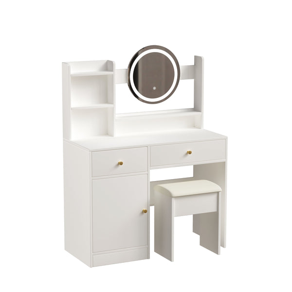English Elm Fashion Vanity Desk With Adjustable Led Mirror & Cushioned Chair - Elegant, Organized, White Set W2699P214618