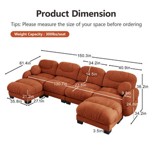English Elm Pleated Chenille U-shape Modular Sectional Sofa with Ottomans and Ergonomic Foam Cushions Orange W5656S00072