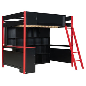 English Elm Full Size Gaming Loft Bed with Led Lighting Desk Drawers and Display Shelving Red LT000263AAJ