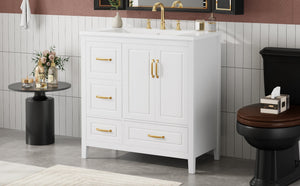 English Elm Christopher Knight Home® - 36" Freestanding Bathroom Vanity with Resin Sink, Soft-Close Doors & Drawers, Gold Alloy Handles, Spacious Storage and Easy Plumbing Access White N759P292552K