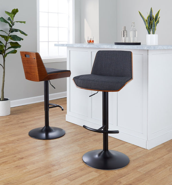 English Elm Adjustable Swivel Barstools Mid Century Walnut Accents Charcoal Seat Set of Two B202S02172