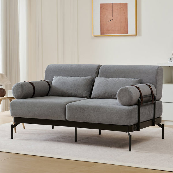 English Elm Modern Loveseat Sofa with Cylindrical Armrests, Built-In USB Ports, Chenille Cushions, Steel Frame Grey N719P290584E
