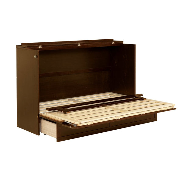 English Elm Queen Size Murphy Bed - Stylish Walnut Pine Cabinet With Rattan Accents & Full-Width Storage Drawer W504S00231-GIGA