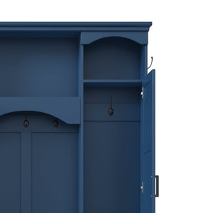 English Elm On-trend Farmhouse Hall Tree with Dual Cabinets Seven Hooks and Arched Entryway Storage Blue N721S000078C