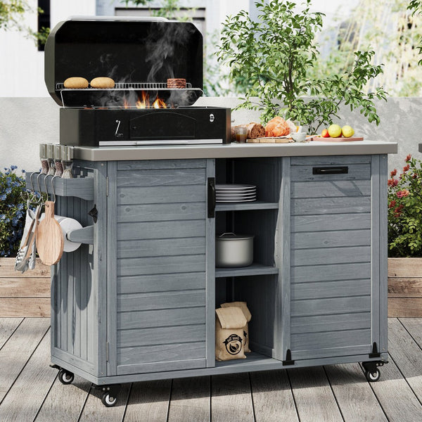 English Elm K&k Outdoor Rolling Kitchen Island Fir Wood Stainless Steel Top with Foldable Prep Station Grey+Blue N707P370276G