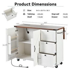 English Elm K&K 54.5" Farmhouse Kitchen Island with Drop Leaf, Built-In Power Station, Rolling Storage Cart White N707P170349W