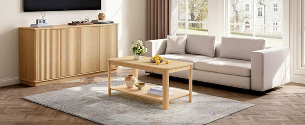 English Elm Arc Corner Oak Coffee Table with Open Shelf Wave Grain Legs Modern Living Room Accent W5563P449955
