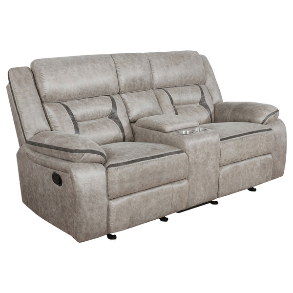 English Elm Brazelton 2-Piece Manual Reclining Sofa & Glider Loveseat Set with Leather, Cup Holders, USB Power taupe B062S00845