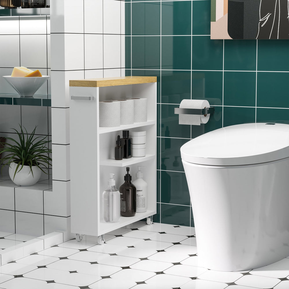English Elm kleankin Slim Bathroom Cabinet on Wheels with 3 Shelves, Narrow Space Saver, Water-Resistant White, 26.5" H W2225P173988