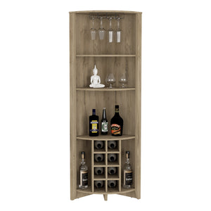 English Elm Essential Corner Bar Cabinet with Wine Rack & Cup Holders, Space-Saving Three-Tier Storage Solution Light Oak 75 L x 24 W x 3 H B200S00404