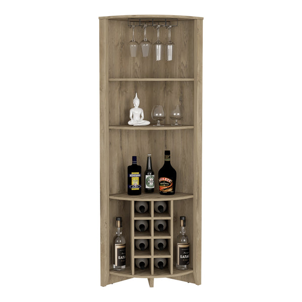 English Elm Essential Corner Bar Cabinet with Wine Rack & Cup Holders, Space-Saving Three-Tier Storage Solution Light Oak 75 L x 24 W x 3 H B200S00404