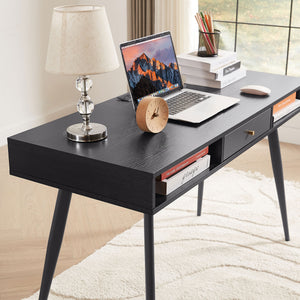 English Elm Mid Century Desk with USB Ports and Power Outlet, Spacious Mid-Century Writing Desk with Drawers for Home Office Comfort and Style Black W876P278784