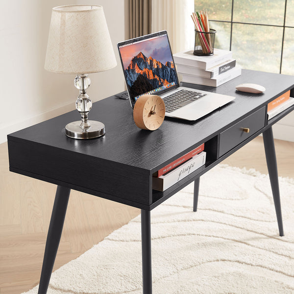 English Elm Mid Century Desk with USB Ports and Power Outlet, Spacious Mid-Century Writing Desk with Drawers for Home Office Comfort and Style Black W876P278784