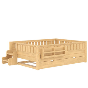 English Elm Twin Kids Platform Bed with Trundle Staircase Bookshelf and Rounded Safety Rails Light Natural W1580S00560