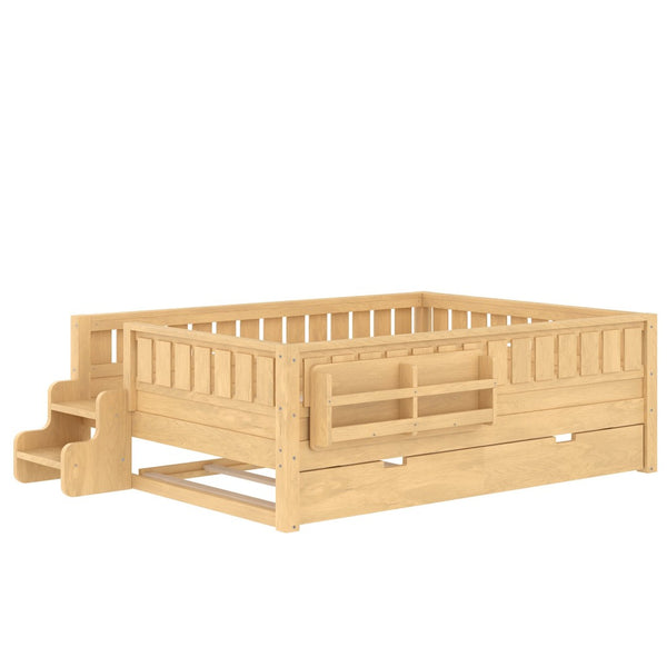 English Elm Twin Kids Platform Bed with Trundle Staircase Bookshelf and Rounded Safety Rails Light Natural W1580S00560