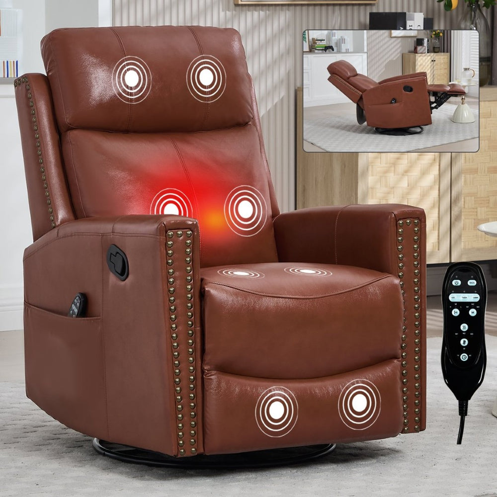 English Elm Red Genuine Leather Swivel Rocker Recliner with Massage Heat for Living Room W1803P323709