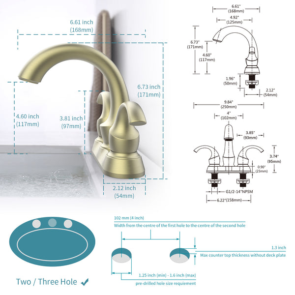 English Elm Bathroom Faucet 2-Handle Brushed Gold Swan Style - Modern Centerset Sink Fixture With Drain & Hoses T3177P277484