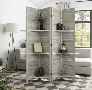 English Elm Privacy Screen Divider Four Panel Paulownia Wood Louvered Shelves Farmhouse White T3971P431138