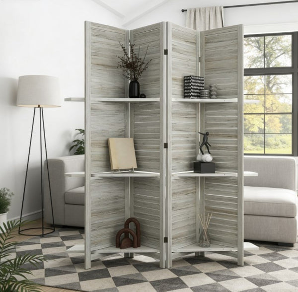 English Elm Privacy Screen Divider Four Panel Paulownia Wood Louvered Shelves Farmhouse White T3971P431138