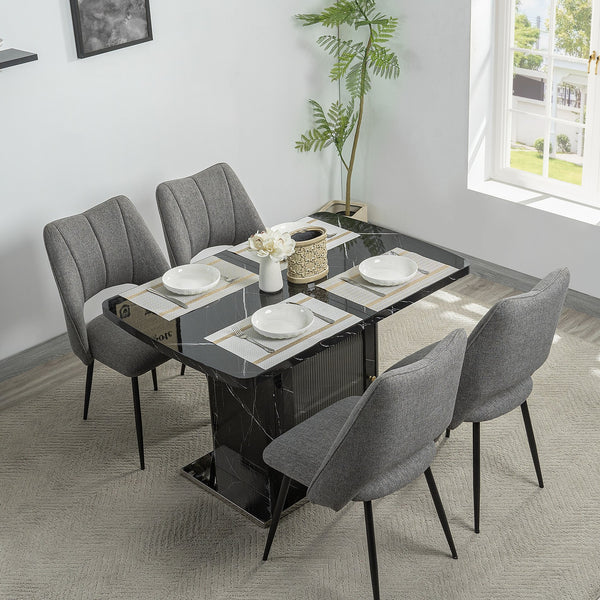 English Elm 47.24"-63"Modern Rectangle Dining Table with Extendable Top, Printed Marble Look, Sturdy Steel Base & Storage Black W757P331963