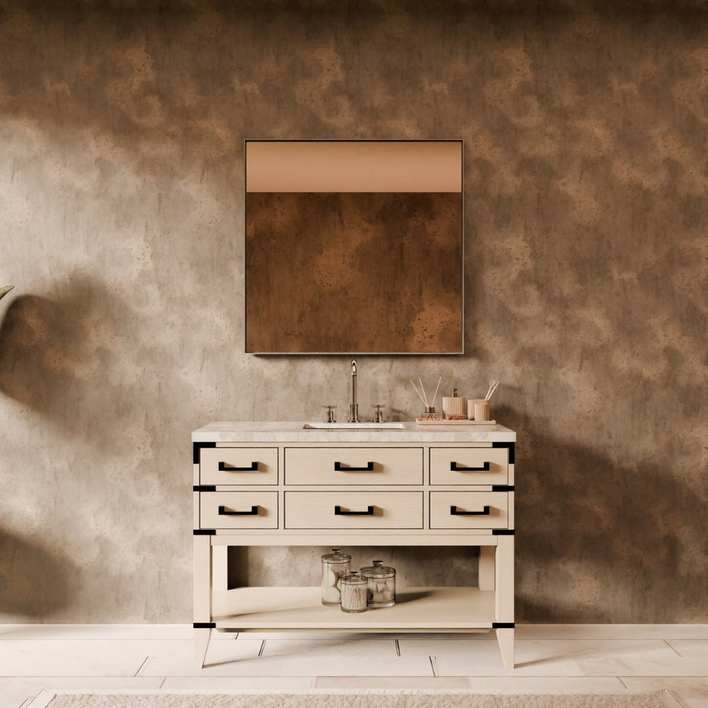 English Elm White Oak Single Bath Vanity With Carrara Marble Top, Chrome Faucet & 46" Mirror - Elegant Design B2731S02108-GIGA