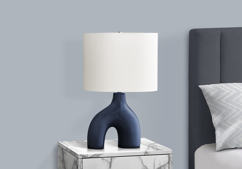 English Elm Lighting, Cobalt Ceramic Sculptural Table Lamp with Ivory Drum Shade for Modern Decor B2710P461826
