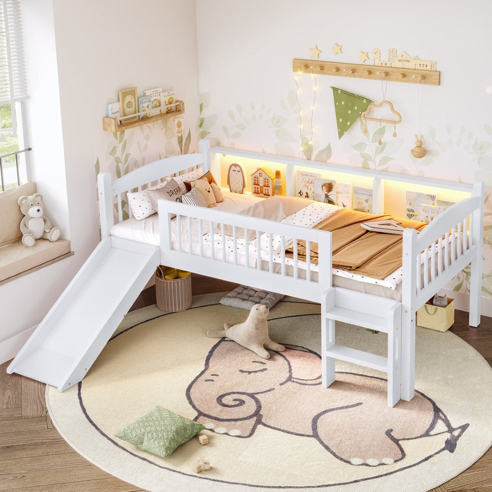 English Elm Twin Xl Solid Pine Loft Bed with Built-in Led Lighting and Storage Shelves Light White W1580S00364