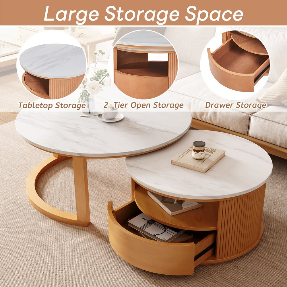 English Elm Round Nesting Coffee Table with Marble-Style White Top, 2-Tier Storage & Drawer, Natural Wood Finish—Space-Saving Modern Design for Small Living Rooms (28.5") N735P305621N