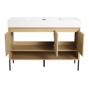 English Elm 48" Oak Bathroom Vanity Combo with One-Piece Resin Sink, Tripod Legs, Multi-Layer Solid Wood Cabinet W1972S00010
