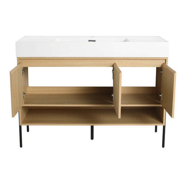 English Elm 48" Oak Bathroom Vanity Combo with One-Piece Resin Sink, Tripod Legs, Multi-Layer Solid Wood Cabinet W1972S00010