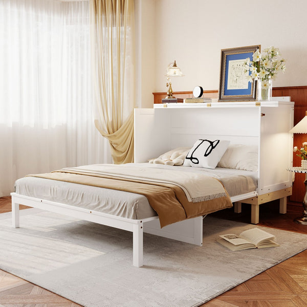 English Elm Queen Murphy Wall Bed Solid Pine Cabinet with Drawer Modern Space Saving Design White N708P243886K