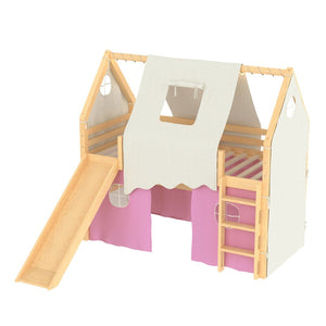 English Elm Twin Pine Loft Bed with House Frame Tent Led Lights Slide and Floor Space Below W1580S00289