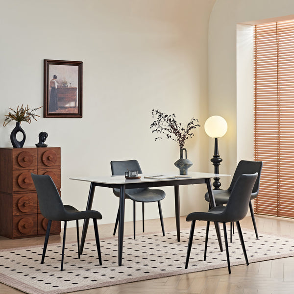 English Elm Large Rectangular Table with Sintered Stone Top and Sculptural Metal Base — Modern Heat‑Resistant Dining Surface White,White Base+Cream Shade W1911S00015