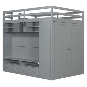 English Elm Full Size Loft Bed with Led Lighting Wardrobe Drawers and Shelves for Teen Rooms Gray LT000499AAE