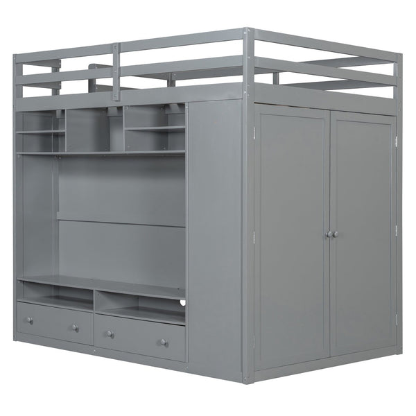 English Elm Full Size Loft Bed with Led Lighting Wardrobe Drawers and Shelves for Teen Rooms Gray LT000499AAE